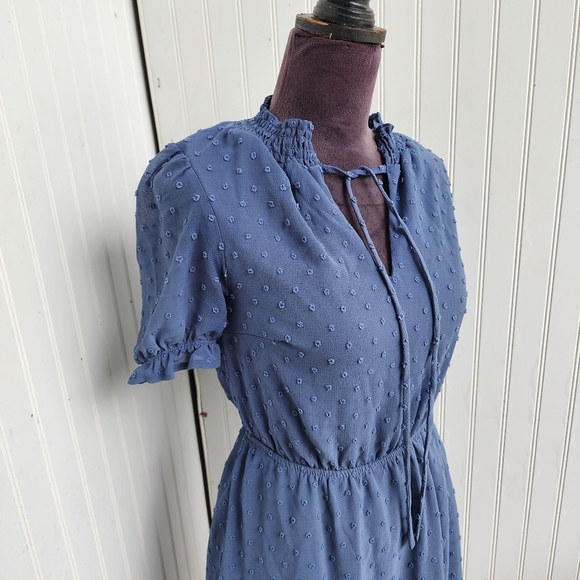 Monteau Women's Blue Swiss Dot Dress Fit Flare Ruffled Short Sleeve Sz S - Picture 2 of 13